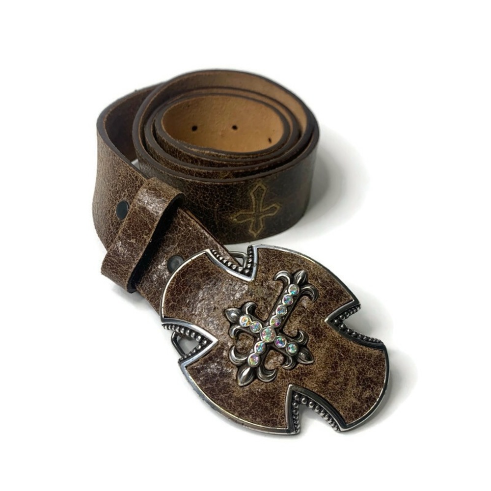 SOLD Justin Bent Rail Cracked Leather Embellished Rhinestone Cross Buckle Belt